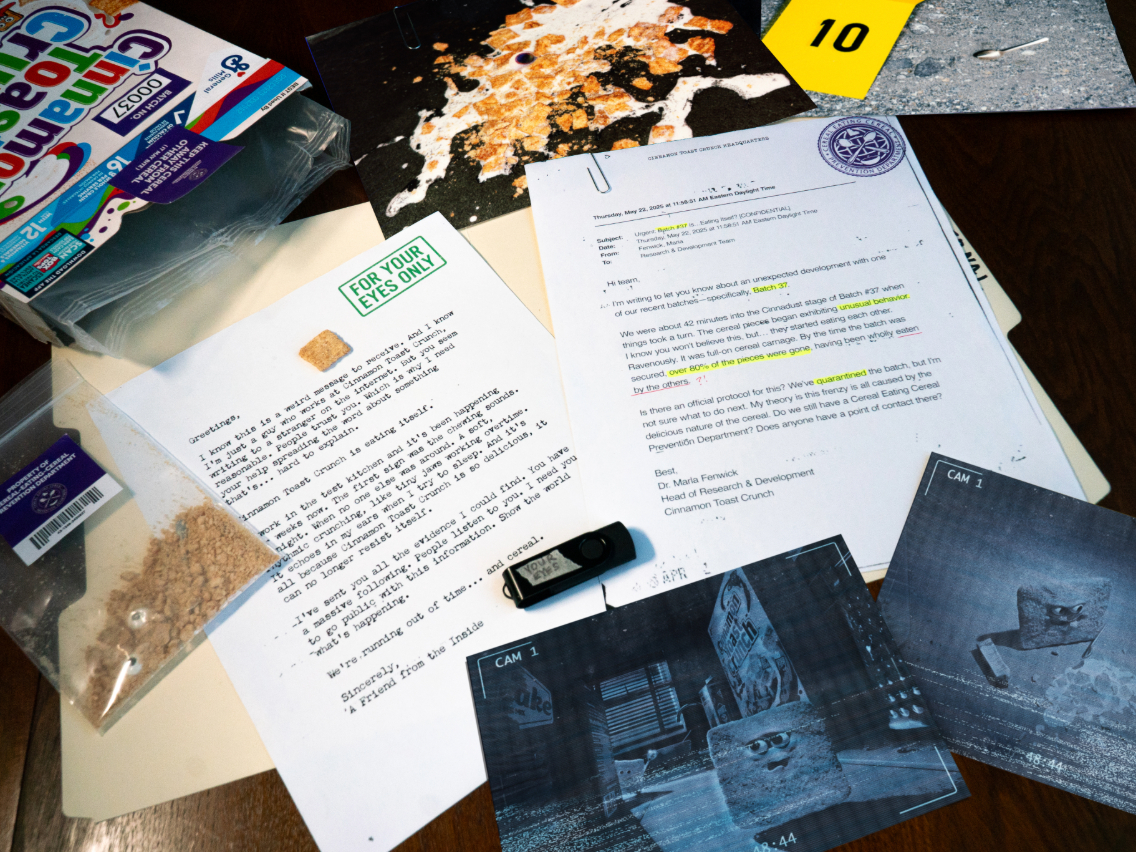 Cinnamon Toast Crunch “The Last Square” brings to life mysterious signs of cereal gone rogue— muffled crunching, loose Cinnadust, and only one square left in the box.